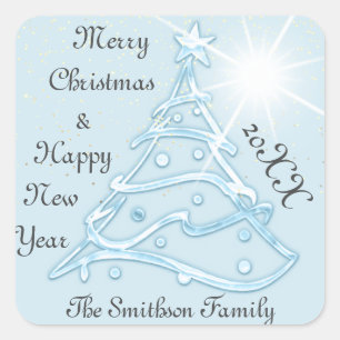 Merry Christmas & Happy New Year Tree Water Blue Square Sticker