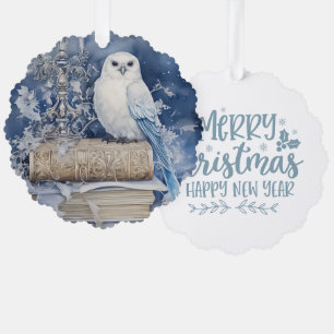 Merry Christmas Happy New Year White Owl Tree Decoration Card