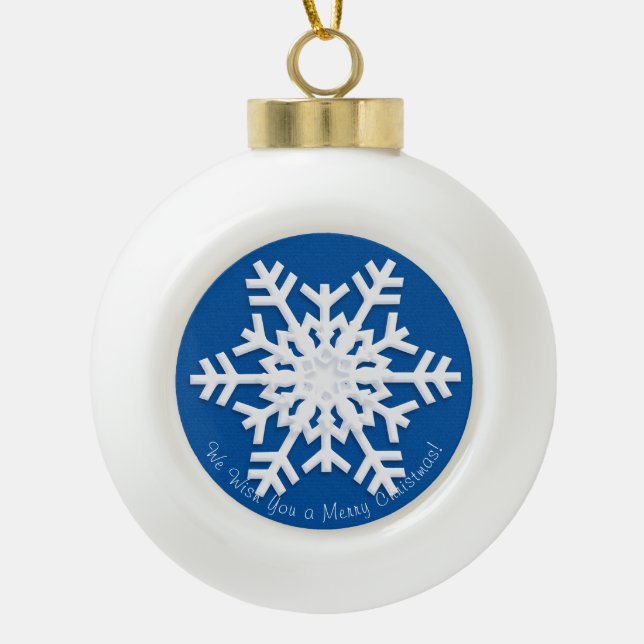 Merry Christmas! Happy New Year! White Snowflake Ceramic Ball Christmas Ornament (Front)