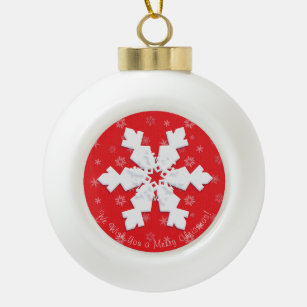 Merry Christmas! Happy New Year! White Snowflake Ceramic Ball Christmas Ornament