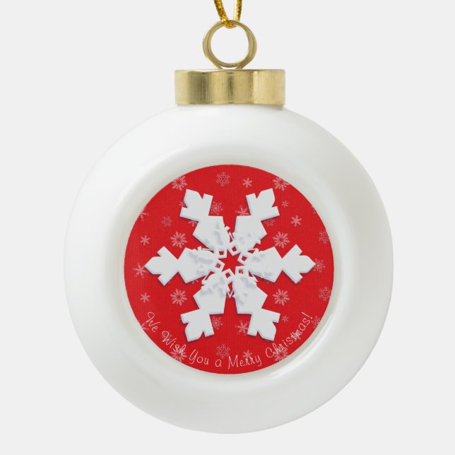 Merry Christmas! Happy New Year! White Snowflake Ceramic Ball Christmas Ornament (Front)