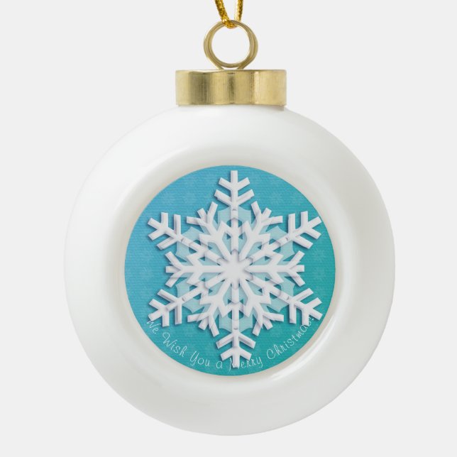 Merry Christmas! Happy New Year! White Snowflake Ceramic Ball Christmas Ornament (Front)