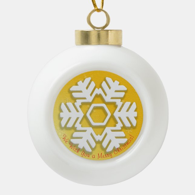 Merry Christmas! Happy New Year! White Snowflake Ceramic Ball Christmas Ornament (Front)