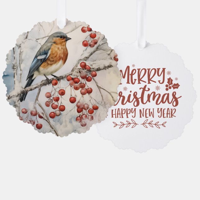 Merry Christmas Happy New Year Winter Robin  Tree Decoration Card (Front/Back)
