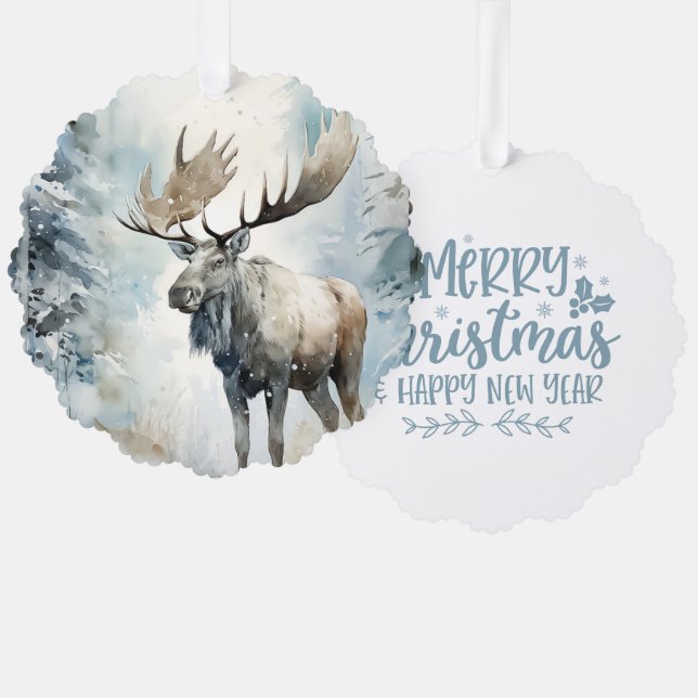 Merry Christmas Happy New Year Woodland Moose Tree Decoration Card (Front/Back)