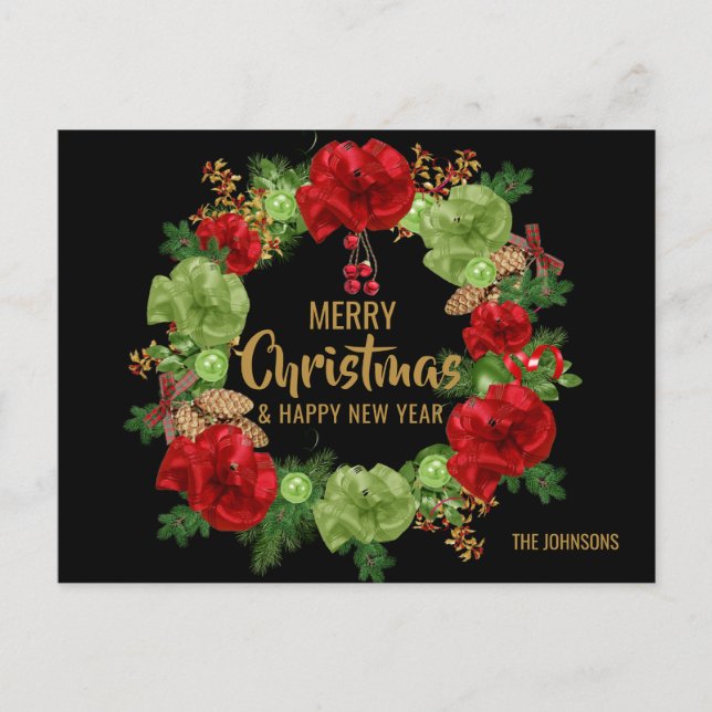 Merry Christmas Happy New Year Wreath Black Gold Holiday Postcard (Front)