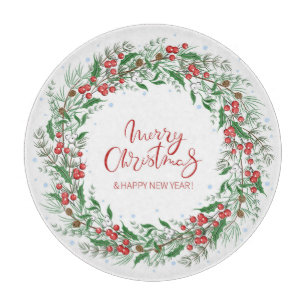 Merry christmas & Happy New Year Wreath Cutting Board