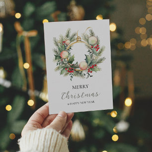 Merry Christmas Happy New Year Wreath Minimal Thank You Card