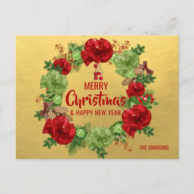 Merry Christmas Happy New Year Wreath Red Gold Holiday Postcard (Front)