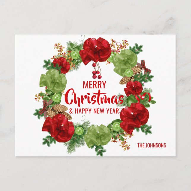 Merry Christmas Happy New Year Wreath White Holiday Postcard (Front)