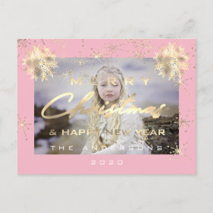 Merry Christmas Happy NewYear Snow Gold Pink Photo Postcard