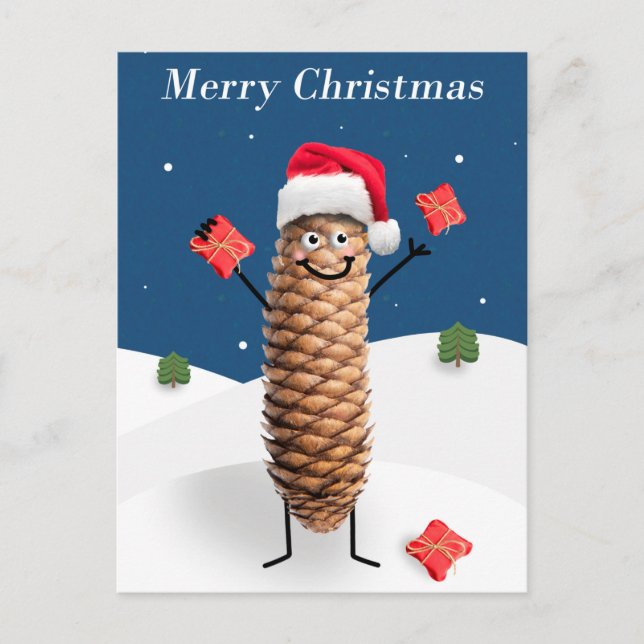 Merry Christmas Happy Pine Cone in Santa Hat  Holiday Postcard (Front)