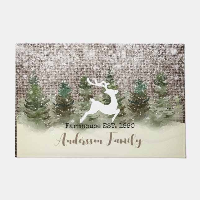 Merry Christmas happy reindeer in forest Farmhouse Doormat (Front)