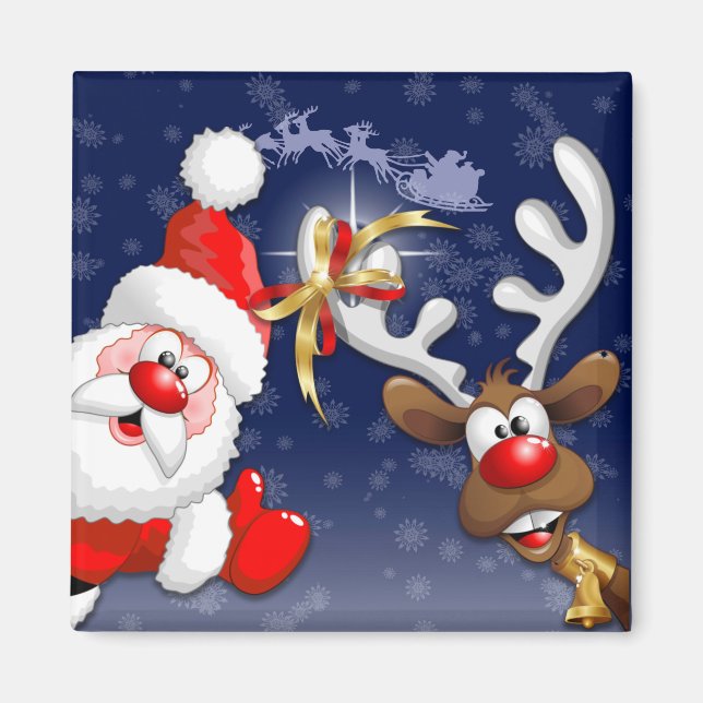 Merry Christmas Happy Santa and Reindeer Magnet (Front)