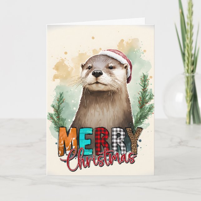 Merry Christmas Happy Santa Otter Card (Front)