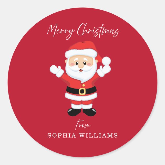 Merry Christmas Happy Santa Present Red Classic Round Sticker (Front)