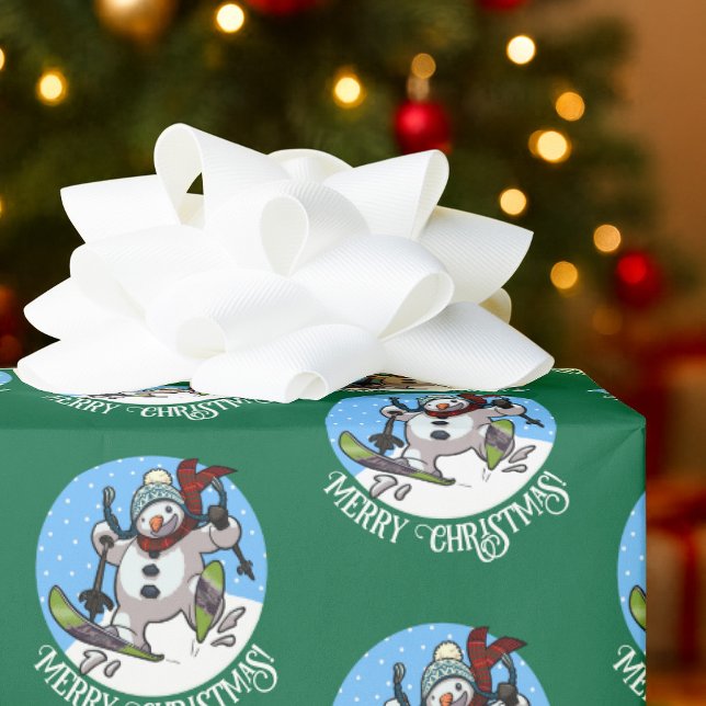 Merry Christmas Happy Skiing Snowman In Woolly Hat Wrapping Paper (Creator Uploaded)