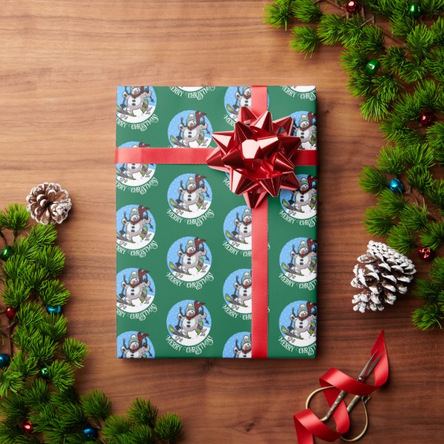 Merry Christmas Happy Skiing Snowman In Woolly Hat Wrapping Paper (Holiday Gift)