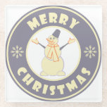 Merry Christmas happy snowman famous coffe style Glass Coaster<br><div class="desc">Famous coffe style logo with Merry Christmas typography</div>