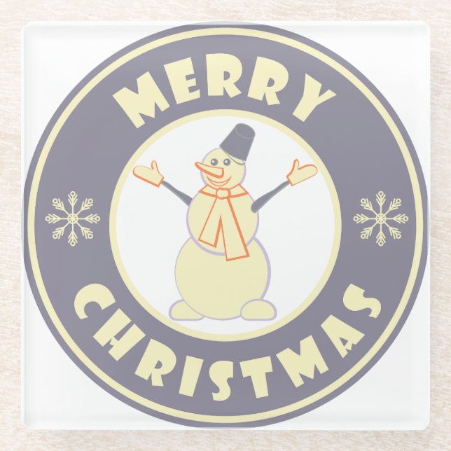 Merry Christmas happy snowman famous coffe style Glass Coaster (Front)