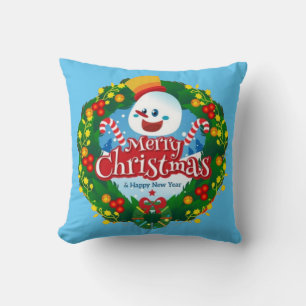 Merry Christmas Happy Snowman Wreath Cushion