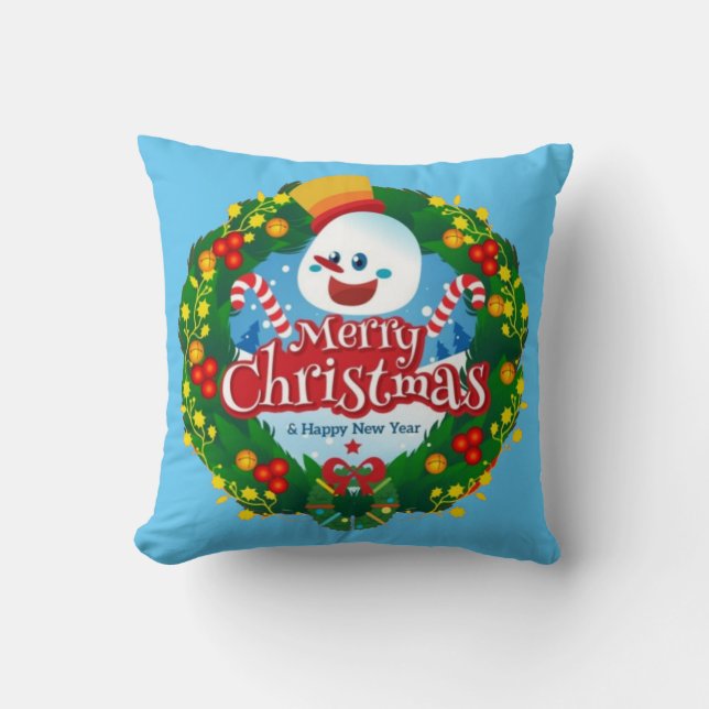 Merry Christmas Happy Snowman Wreath Cushion (Front)