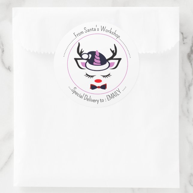 Merry Christmas. Happy Unicorn Face Classic Round Sticker (Bag)