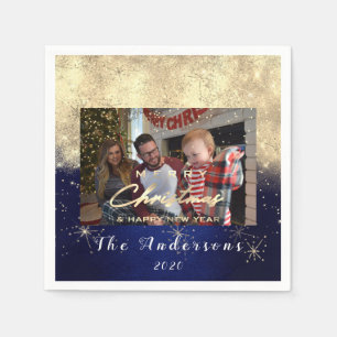 Merry Christmas Happy Year Gold Glitter Photo Navy Napkin