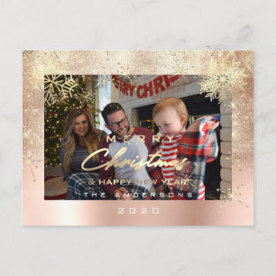 Merry Christmas Happy Year Gold Snow Glitter Photo Postcard
