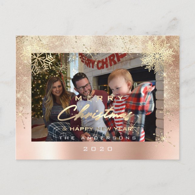 Merry Christmas Happy Year Gold Snow Glitter Photo Postcard (Front)