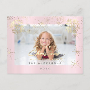 Merry Christmas Happy Year Gold Snow Pink Photo Postcard
