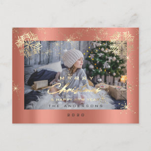 Merry Christmas Happy Year Gold Snow Rose Photo Postcard