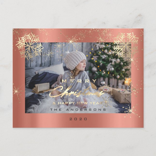 Merry Christmas Happy Year Gold Snow Rose Photo Postcard (Front)