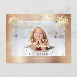 Merry Christmas Happy Year Gold Snow Rose Photo Postcard