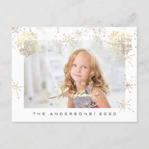 Merry Christmas Happy Year Gold Snow White Photo Postcard