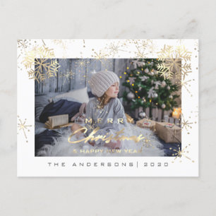 Merry Christmas Happy Year Gold Snowflakes Photo Postcard
