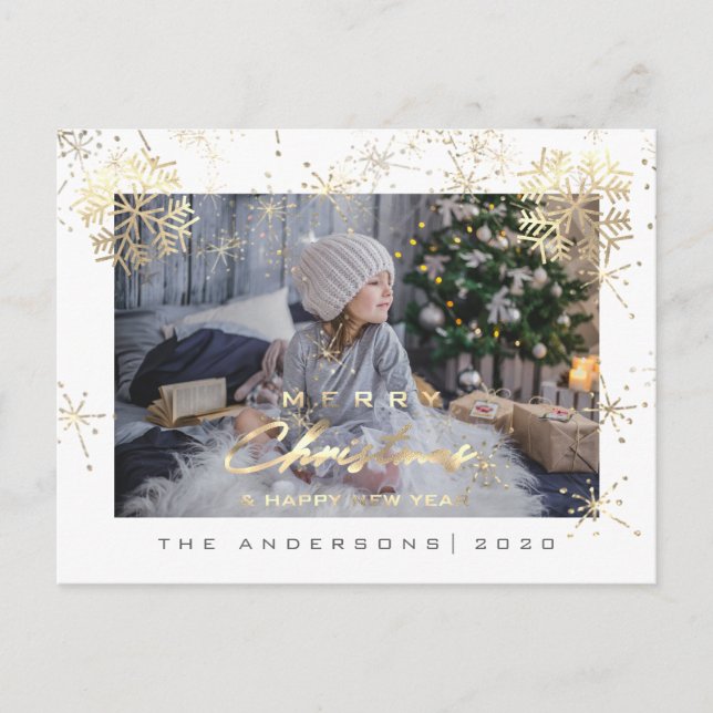 Merry Christmas Happy Year Gold Snowflakes Photo Postcard (Front)