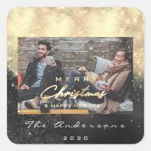 Merry Christmas Happy Year Stars Black Gold Photo Square Sticker