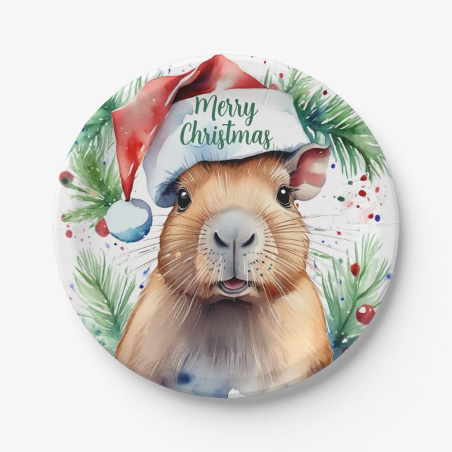 Merry Christmas Hat Festive Capybara -   Paper Plate (Front)