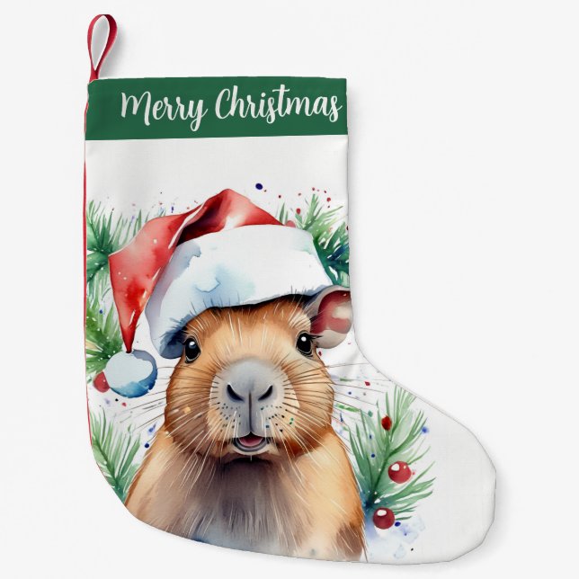 Merry Christmas Hat Festive Capybara -  Small Christmas Stocking (Front)