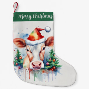 Merry Christmas Hat Festive Cow -  Small Christmas Stocking