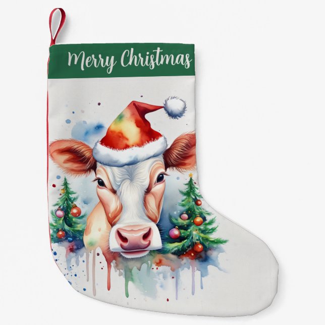 Merry Christmas Hat Festive Cow -  Small Christmas Stocking (Front)
