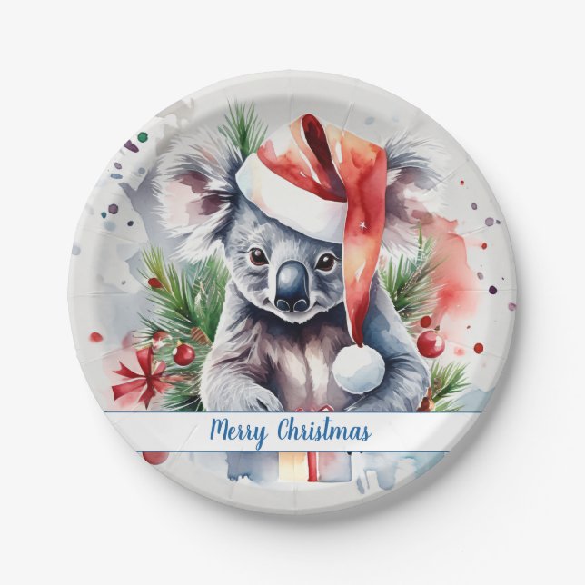 Merry Christmas Hat Festive Koala -   Paper Plate (Front)