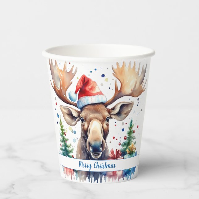Merry Christmas Hat Festive Moose -   Paper Cups (Front)