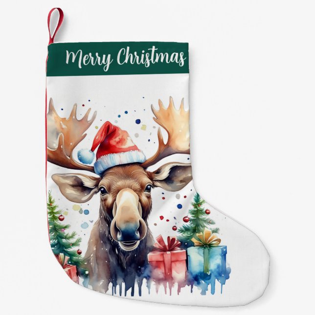 Merry Christmas Hat Festive Moose -  Small Christmas Stocking (Front)