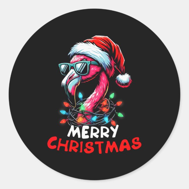 Merry Christmas Hat Santa Flamingo Christmas Light Classic Round Sticker (Front)