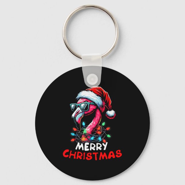 Merry Christmas Hat Santa Flamingo Christmas Light Key Ring (Front)