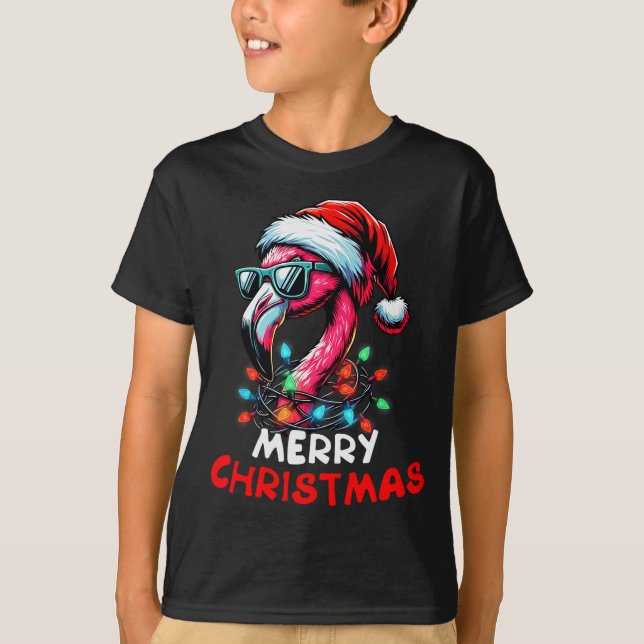 Merry Christmas Hat Santa Flamingo Christmas Light T-Shirt (Front)