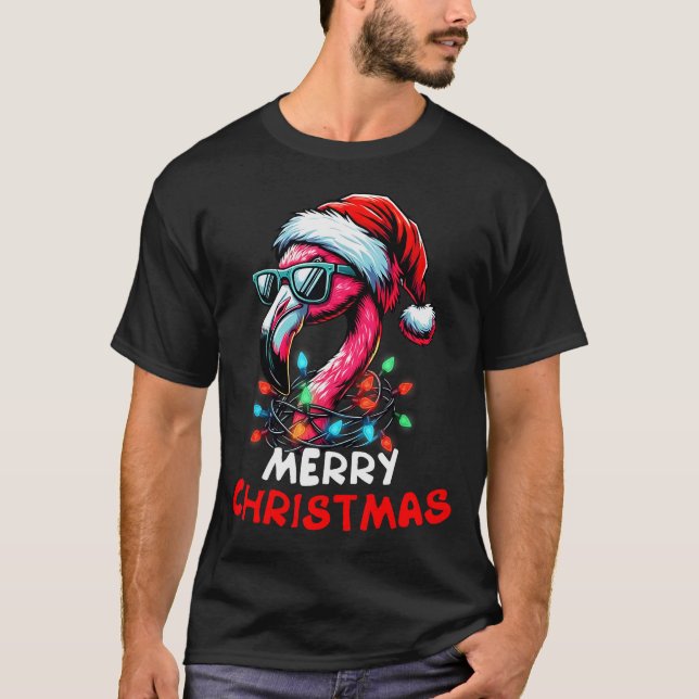 Merry Christmas Hat Santa Flamingo Christmas Light T-Shirt (Front)