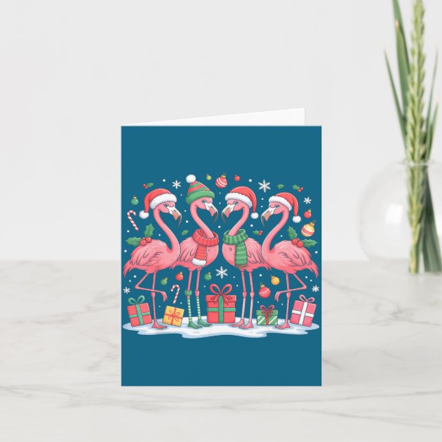Merry Christmas Hat Santa Flamingo Light Christmas Card (Front)